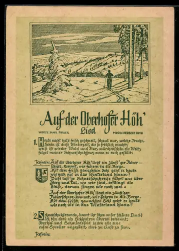AK Auf der Oberhofer Höh von Karl Müller, Musik v. Herbert Roth, Skifahrer im Schnee