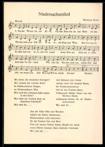 AK Niedersachsenlied von Hermann Grote, Musiknoten und Liedtext