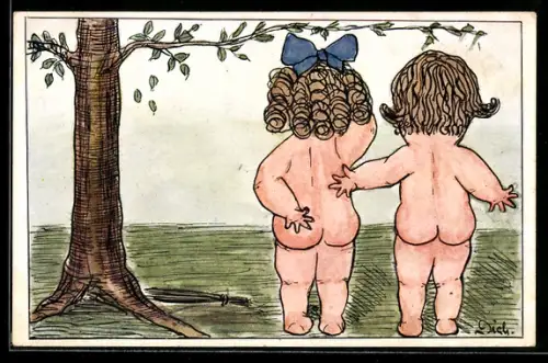 AK Kleiner Adam und kleine Eva als Nackedeis unter dem Apfelbaum