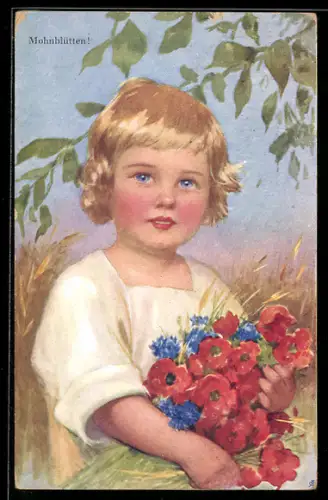 AK Blondes kleines Mädchen mit Mohnblumenstrauss