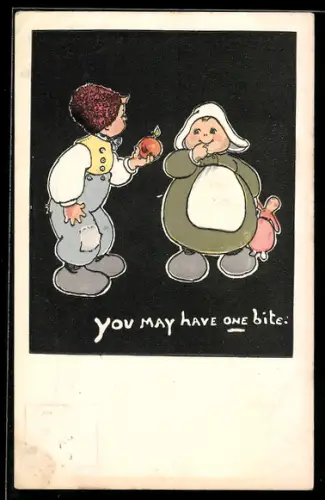AK You may have one bite, Kleines holländisches Trachtenpaar mit Apfel und Puppe