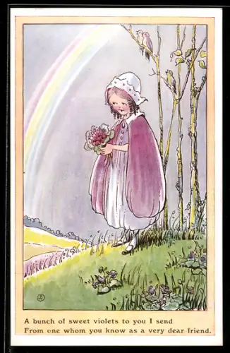 AK Mädchen mit Veilchenstrauss auf einer Wiese, Regenbogen
