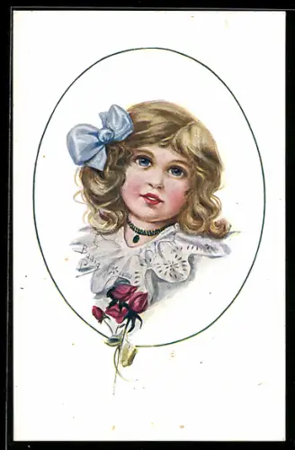 AK Mädchen mit Schleife im Haar, Rose