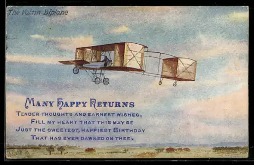 AK Doppeldecker-Flugzeug Voisin im Fluge
