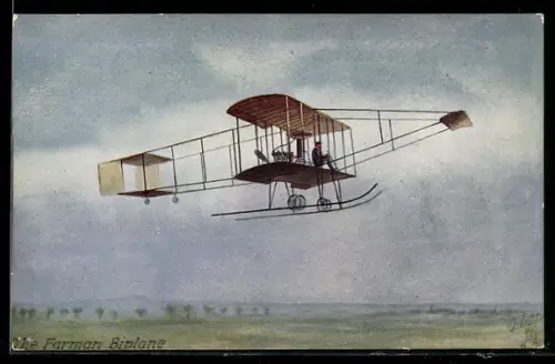 Künstler-AK Flugzeug vom Typ Farman Biplane