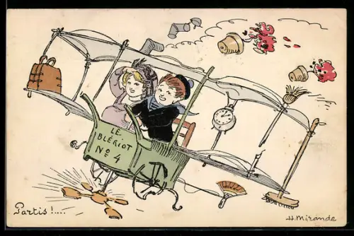 AK Kinder im Fluge mit Bleriot Nr. 4 Doppeldecker-Flugzeug