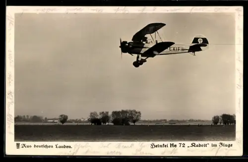 AK Schulflugzeug Heinkel He-72 Kadett im Fluge,  am Seitenleitwerk