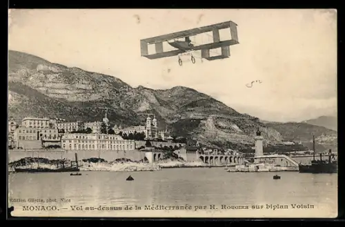 AK Monaco, Vol au-dessus de la Méditerranée par H. Rougier sur biplan Voisin, Flugzeug