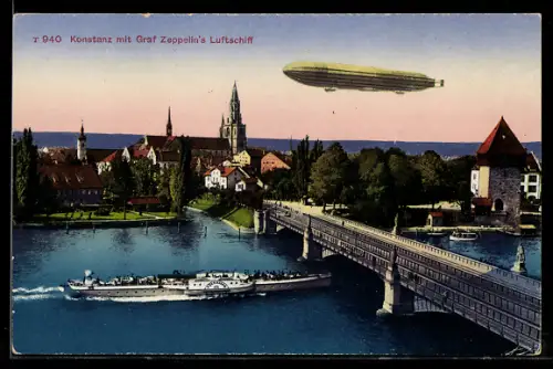 AK Konstanz mit Graf Zeppelin`s Luftschiff und Raddampfer