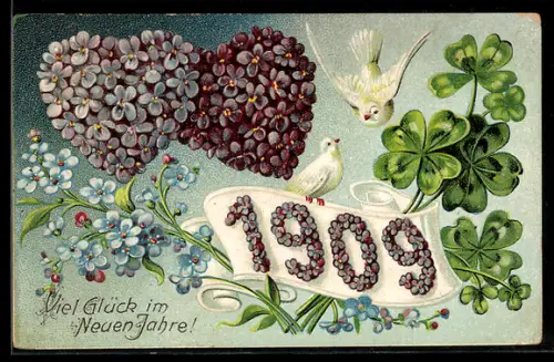 AK Jahreszahl 1909 aus Veilchen mit weissen Vögeln, Klee und Vergissmeinnicht