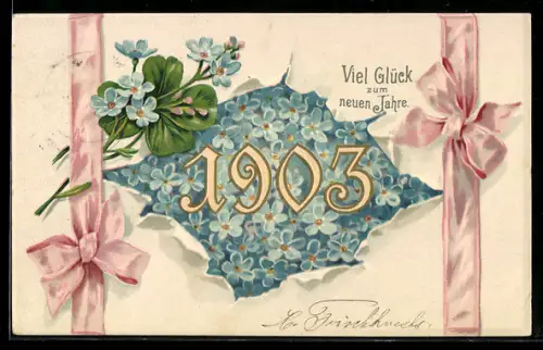 Lithographie Jahreszahl 1903 in Vergissmeinnicht, rosa Schleifen