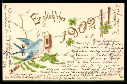AK Goldene Jahreszahl 1902 mit telefonierendem Vogel