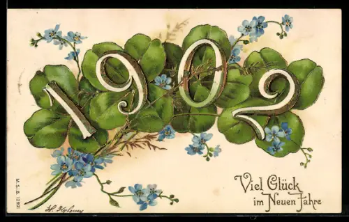 AK Glückwunsch zum Jahreswechsel 1902, Jahreszahl und Kleeblätter
