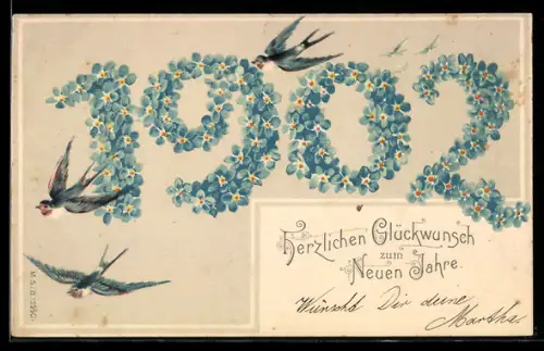 AK Neujahrsgruss, Jahreszahl 1902, Vergissmeinnicht, Schwalben
