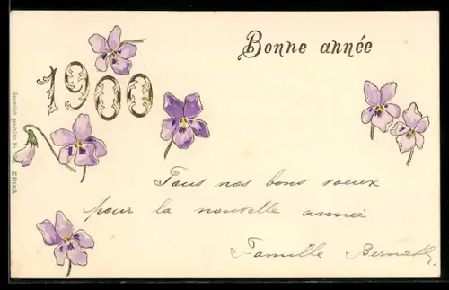AK Jahreszahl 1900 mit lilafarbenen Blumen