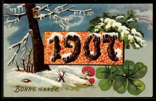 AK Jahreszahl 1907 bei einem verschneiten Baum