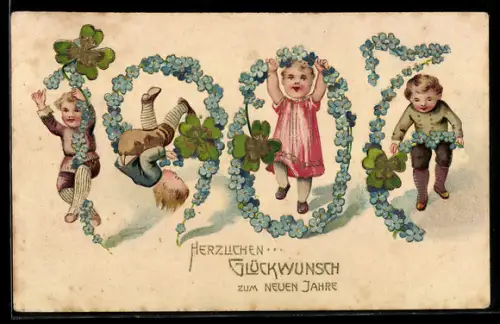 AK Jahreszahl 1907 aus Vergissmeinnicht mit Kindern