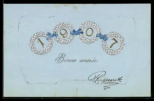 AK Goldene Jahreszahl 1907 mit blauen Schleifen