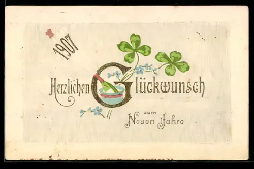 AK Jahreszahl 1907 mit Kleeblättern und Sektflasche