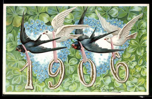 AK Jahreszahl 1906 mit Vögeln und Vergissmeinnicht