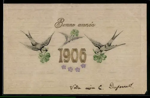 AK Jahreszahl 1906 mit Schwalben und Kleeblättern