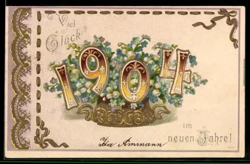 AK Jahreszahl 1904, Blumenbukett mit weissen und blauen Blüten, Viel Glück im neuen Jahre