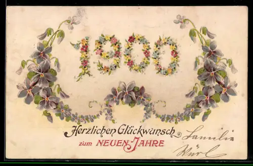 Künstler-AK Glückwünsche zum Neujahr mit Veilchen