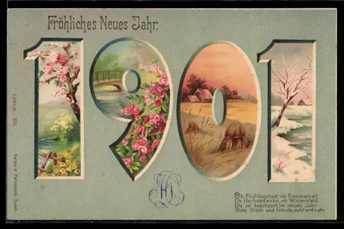 AK Jahreszahl 1901 mit verschieden Landschaftsansicht, Fröhliches Neues Jahr