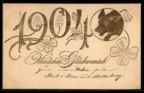AK Jahreszahl 1904 mit Kleeblättern und Glücksschwein