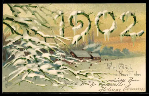 AK Viel Glück im Neuen Jahre, Verschneite Jahreszahl 1902