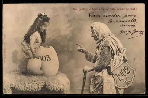 AK Jahreszahl 1902 / 1903, Alte Frau und frisch geschlüpftes Mädchen