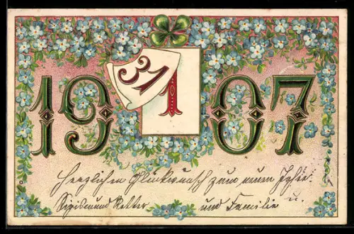 AK Jahreszahl 1907 mit Vergissmeinnicht und Kalender