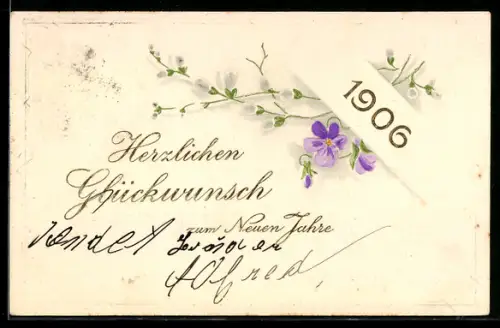 AK Jahreszahl 1906 mit violetten Blüten