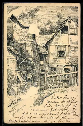 Künstler-AK Marburg, Hof i. d. Ketzerbach 44