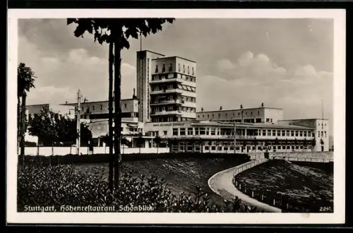 AK Stuttgart, Höhenrestaurant Schönblick im Bauhausstil vom Park aus gesehen