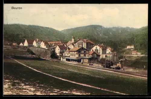 AK Beuron, Ortsansicht mit Gebirge im Hintergrund