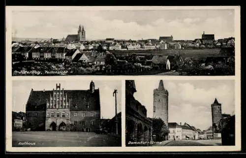 AK Jüterbog, Dammtor-Türme, Rathaus und Teilansicht des Ortes