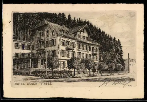 Künstler-AK Titisee, Hotel Bären mit Strassenpartie