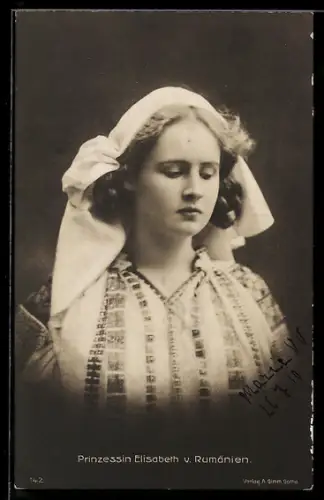 AK Prinzessin Elisabeth von Rumänien, Portrait als junge Frau