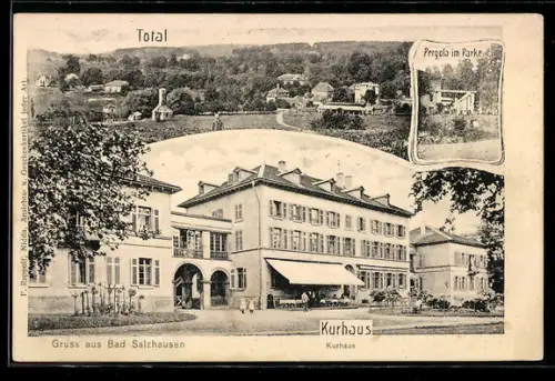 AK Bad Salzhausen, Kurhaus, Pergola im Parke, Totalansicht