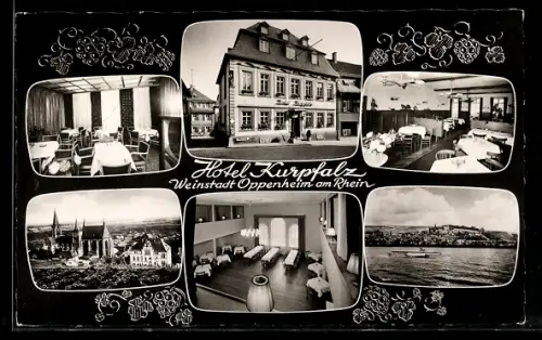 AK Oppenheim am Rhein, Hotel Kurpfalz, Weinhandlung, J. Platen, Innenansichten