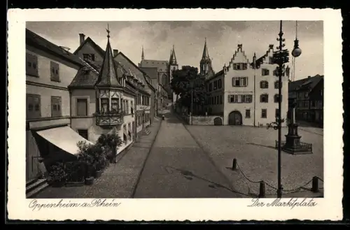 AK Oppenheim a. Rhein, Marktplatz mit historischen Gebäuden und Denkmal
