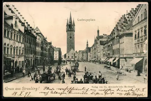 AK Straubing, Ludwigsplatz mit Stadtturm