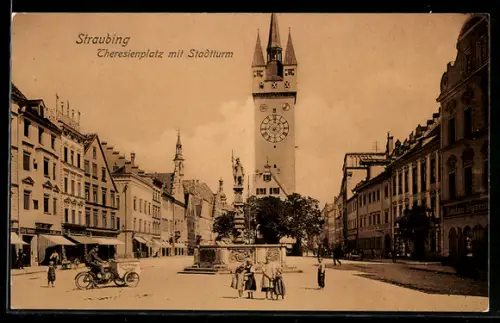 AK Straubing, Theresienplatz mit Stadtturm