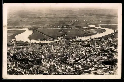 AK Straubing, Stadtansicht mit Donau vom Flugzeug aus