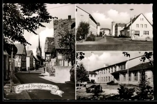 AK Dörnigheim a. Main, Fachwerkhäuser, Strassenpartie mit Kirche