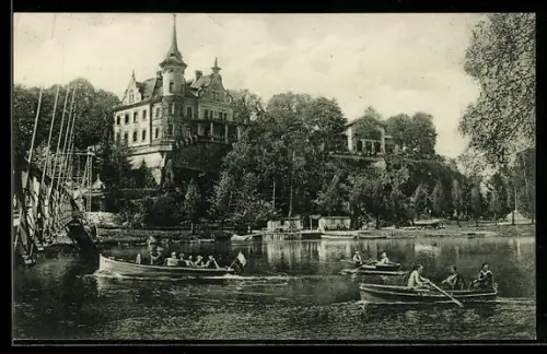 AK Grimma i. Sa., Schloss Gattersburg, Bootspartie auf der Mulde