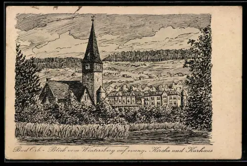 Künstler-AK Bad Orb, Blick vom Wintersberg auf evang. Kirche und Kurhaus
