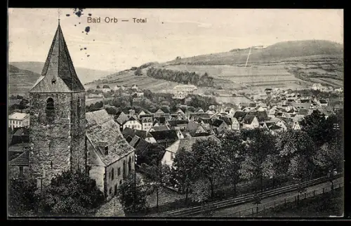 AK Bad Orb, Totalansicht der Stadt mit Kirche und umliegender Landschaft
