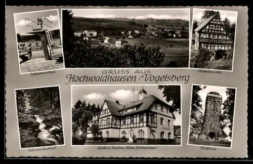 AK Hochwaldhausen /Vogelsberg, Gasthaus-Pension zum Felsenmeer V. Keil, Schwimmbad, Teufelsmühle